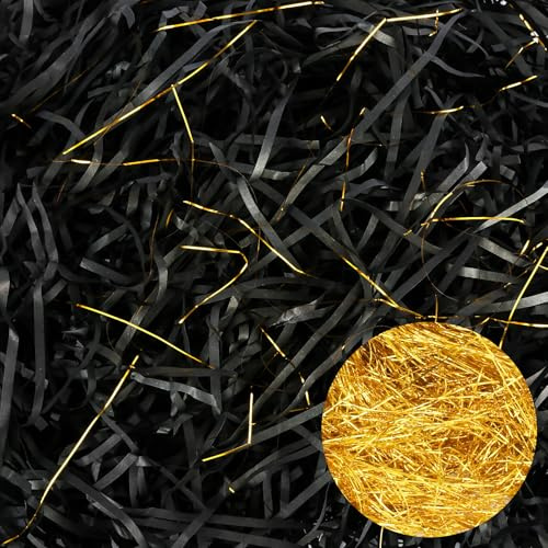 250 g raffia fyllningsmaterial för paket, en blandning av svart och gyllene filigran shredded vävnadspapper, fyllningsmaterial för paket, presentförpackning, presentkorg och presentkorg