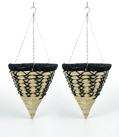 Growers Own Goodwood 12 Inch Cone Hanging Planter Basket. Decorative Outdoor Hanging Plant Pot for Trailing Plants. Durable Natural Water Grass & Corn Rope. Strong Metal Chain Included (Twin Pack)