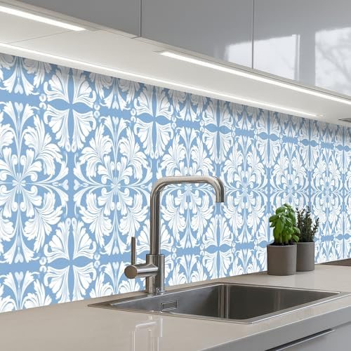 KitchenYeah© Paraschizzi Cucina Adesivo Pannello Parete Paraspruzzi | 60x350 cm - Pannelli retro Piastrella - Motivo - Bianco - Blu