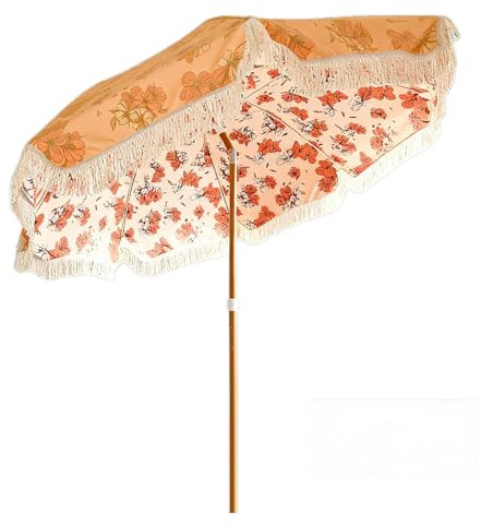 Parasol De Jardin Rond Grand De 200cm, Inclinable Protection UV, Imprimé Floral Jaune Avec Franges Vintage Parasol De Plage Pour Extérieur Piscine Balcon Terrasse