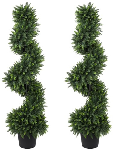 HOMCOM Artificial Cypress Topiary Tree Spiral in Pot Set of 2 120cm Green | UV-Cut, 630 Leaves, 133 Flowers, Artificial Trees, Fake Plants, Indoor Outdoor Decor