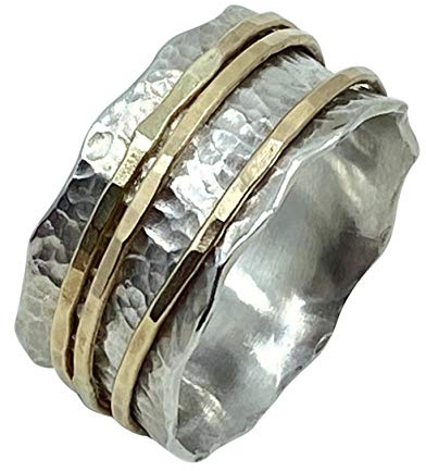 Tiljon Handgefertigter Spinnerring aus Sterlingsilber und 333 Gold Yaffa | Meditation, Breiter Damenring Gehämmert 10 mm breit, drei goldene Drehringe beweglich
