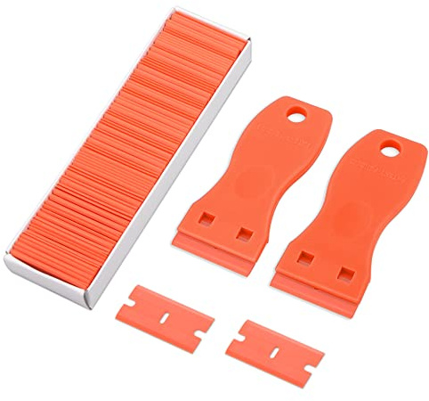 FOSHIO 2 PCS Raschietti in plastica con 100 Lame in raschietto in plastica, Raschietto plastica dura, Rimozione Adesivo in plastica, Rimozione della Colla in Vinile (arancione)