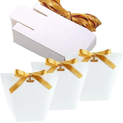Geschenktüten Papier, 50Pcs Geschenktaschen mit Schleife, Papiertüten Hochzeit, Süßigkeiten Kasten Hochzeit, Candy Schachtel mit Band für Geburtstag Weihnachten Taufe, 6 * 6 * 10cm