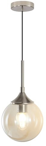 KCO Lighting Lámpara colgante de vidrio ámbar de 18 cm con acabado de níquel cepillado Iluminación colgante moderna con forma de globo Lámpara colgante de mediados de siglo Luz colgante pequeña Luces