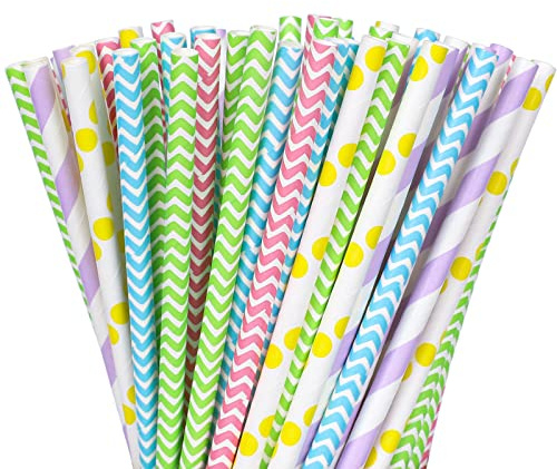 Whaline 100Pcs Easter Paper Straws 7.7Inch Dot Wave Pattern Disposable Paper Straws Purple Green Yellow Blue Pink Drinking Straws for Juices Shakes Baby Shower Birthday Pastel Easter Party Supplies
