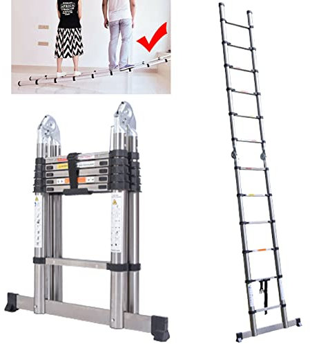 3.8M Stainless Steel Telescopic Ladder Portable Folding Ladder with 1.9M+1.9M Space Saving Extension Ladder Extendable 300lb Max Load EN131 Approved for Home Loft Attic