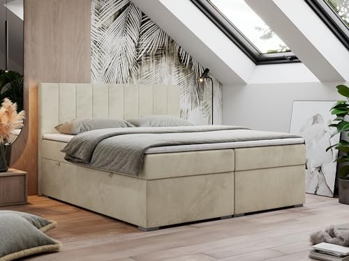 MKS MEBLE Boxspringbett 120x200 cm, Bett mit Multipocket Matratze H3 und Topper T25, Boxspringbett mit Bettkästen, Polsterbett mit Kopfteil - Lope - Beige Velvet