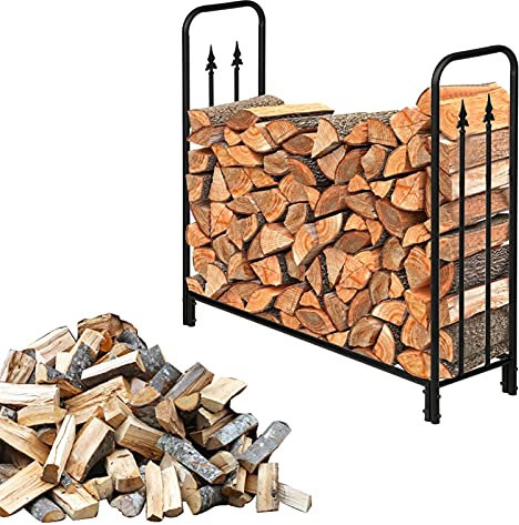 TOMYEUS Kaminholzregal Eisen Kamin Brennholz Ständer Rack Aufbewahrungsregal Schwarz Sand Muster Einzelschicht 4 Fuß lang 44 Zoll hoch mit Pfeilstil Brennholzregal