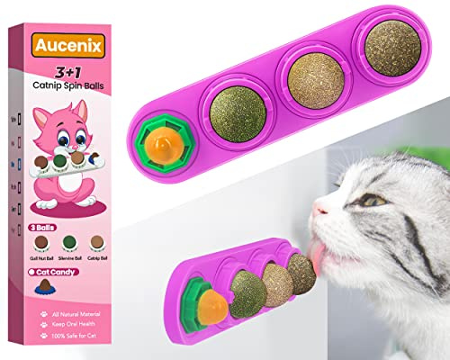 Aucenix Katzenminze Ball, 4 Stück Natürliche Katzenminze Bälle Spielzeug für Katzen Lecken, Drehbare Zahnreinigung Dental Katze Spielzeug, Katzenminze Spielzeug für Kätzchen (Lila)