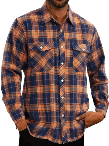 Halfword flanellskjorta herr Oktoberfest rutig skjorta långärmad bomull bröstficka fritid andas blus rock män, Orange-marinblå, L