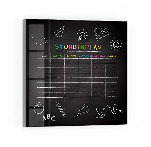 DEQORI Glas-Magnettafel | 30x30 cm groß | Motiv Vorlage: Stundenplan | Memo-Board aus Glas | Magnetboard inkl. Magnete, Stift & Tuch für Küche & Büro | Tafel magnetisch & beschreibbar