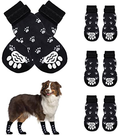 4 Paar Indoor Anti-Rutsch Socken für Hunde, Pfotenschutz Haftsocken für Drinnen, Hundesocken Anti Rutsch, Hundesocken für Hunde im Innenbereich im Freien (Schwarz-S)