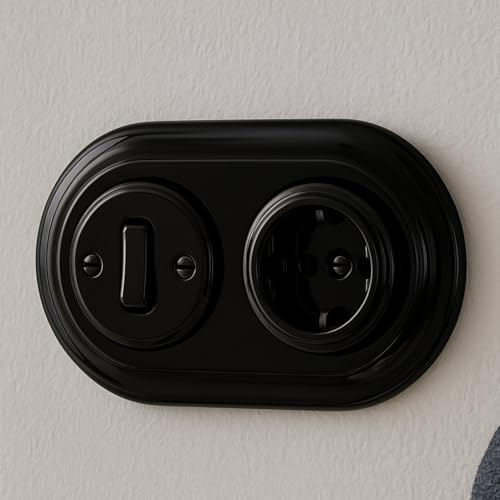 Unterputz Porzellan Retro Steckdose, Schalter, 2-fach, All-in-One, Serie PR1 schwarz