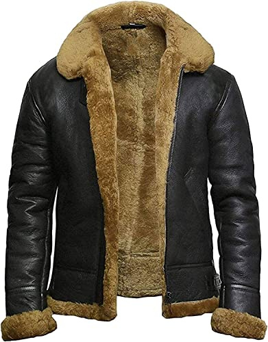 Herr Raf Aviator läderjacka äkta skjuvning äkta fårskinn B3 bomber flygande vinterrock WW2 – svart, Ingefära, 3XL