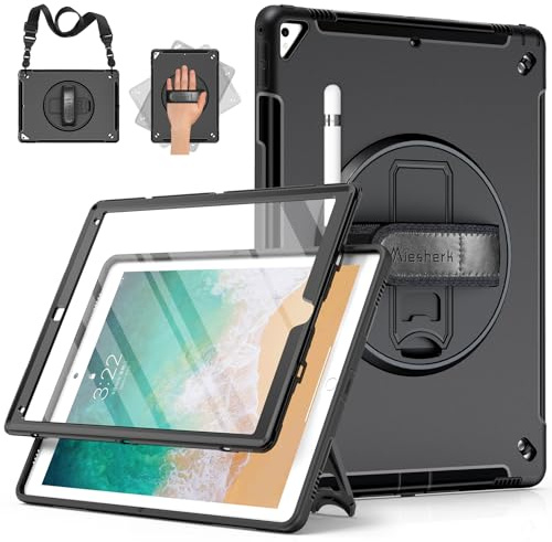 Miesherk Hülle für iPad Pro 12.9 2./1. Generation 2017/2015: Militärische Stoßfeste Schutzhülle Case Cover für iPad Pro 12.9 Zoll-Stifthalter-360° Drehbare Ständer-Handschlaufe-Schultergurt-Schwarz