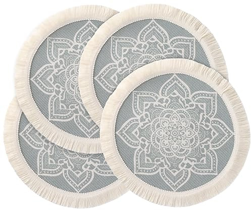 ALXBSONE Platzsets Abwaschbar, Tischsets 4er Set, Platzset Rund, Gewebte Boho Placemat, Hitzebeständige Platzdeckchen(Dunkel Grün)