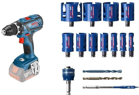 Bosch Professional 18V System Akku Bohrschrauber GSR 18V-28 (max. Schrauben-Ø: 8 mm, ohne Akkus & Ladegerät) + 15 tlg. Expert Construction Material Lochsäge Set (für Weichholz, Ø 20-76 mm, Zubehör)