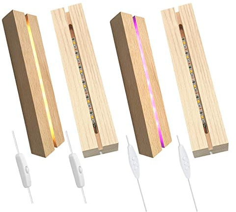 Gotrain 4 x hölzerne LED-Lichtbasis, 2 Stück bunte Helligkeit einstellbar und 2 Stück warme Farbe rechteckige hölzerne beleuchtete Lampensockel für Acryl-Kristallglasplatte, Harzkunst