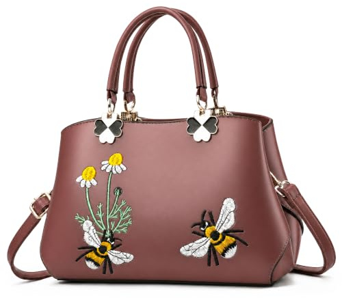 FOLOVEYA Handtasche Damen Elegant Blumen Umhängetaschen Henkeltaschen Frauen Top Griff Tasche PU Leder Tote Crossbody für Shopping Arbeiten Reisen Stickerei Schultertasche