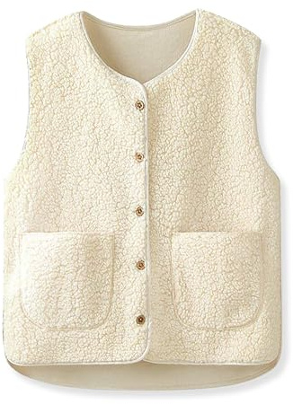 Chaleco de Peluche de Pelo Polar de Beifon para Mujer, Chaleco de Piel Cálido Sin Mangas para Otoño e Invierno, Chaleco Polar Liso con Cuello en V y Botones