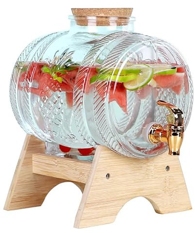 Dispenser di Acqua In Vetro con Supporto per Rubinetto, 1 3 5L Dispenser di Bevande a Prova di Perdite Al 100% Barattoli di Vetro Trasparente Tappi In Legno Dispenser di Bevande Bottiglie di Vetro 3L