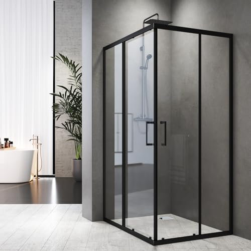 Duschkabine Eckeinstieg mit Doppel Schiebetür 75 x 90 cm Eckdusche Duschabtrennung Duschschiebetür 6 mm ESG Glas Dusche,Höhe 185 cm,Schwarz,Langer Griff