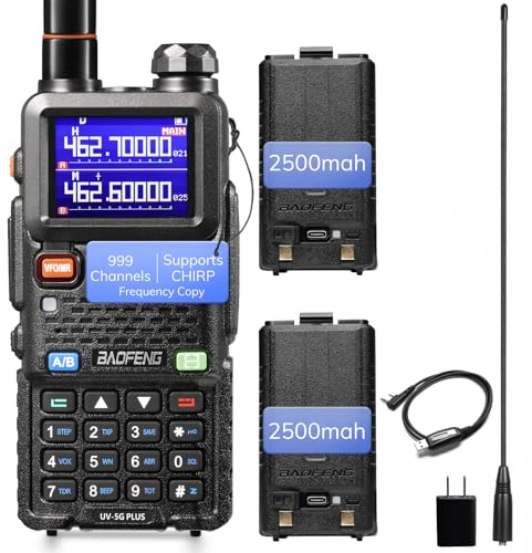 [Chirp Compatible] BAOFENG UV-5G Plus GMRS Handheld Radio, Long Rang Two Way Radio for Adult, 999 Channels, NOAA Receiver, with Two 2500mAh Batteries, 15.5 Antennas, Programming Cable, 1 Pack