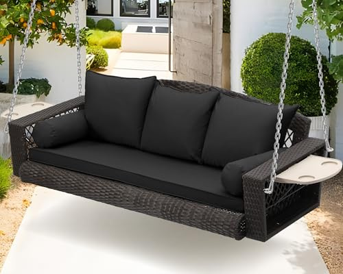 Grepatio Wicker Hanging Porch Swing - Outdoor 3 Person Patio Swing Bench with Cushion & Chains - 3-Seat Porch Swing Chair with Cup Holder for Garden, Yard, Lawn (Black Brown Rattan)