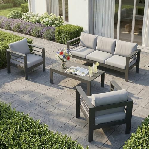 LANOX Aluminium Lounge Möbel Outdoor Gartenmöbel Set Gartenlounge-Set Loungeset für 5 Personen Terrasse Balkon, wetterfest Sitzgruppe Essgruppe Gartengarnitur