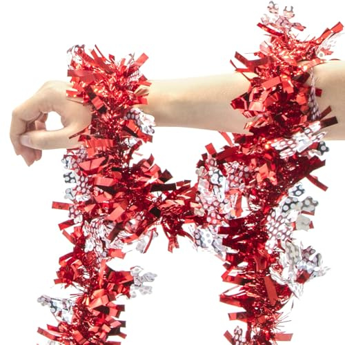 Christmas Tinsel Garland, 4M Red Snowflake Metallic Tinsel for Christmas Tree Decoration Shiny Garland Hanging Decorations for Xmas Home Winter Wedding Holiday Party Supplies Y7HXHCT
