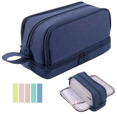 Large Capacity Pencil Case, Pencil Pouch with Sticky Note and 4 Compartments Multifunctional Stationery Organizer for Girls Boys, Office Makeup Bag Portable Pen Bag for Students Women Men (Blue)