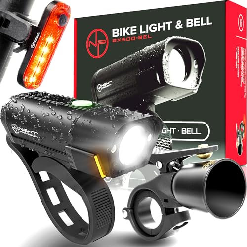 BX500-BEL 3 in 1 Bike Light & Bell Set - Powerful USB-C Bike Lights Front & Back - New 500 Lumens LED - Bicycle Headlight & Taillight Set – USBC Rechargeable – Waterproof - Safety for Night Riding