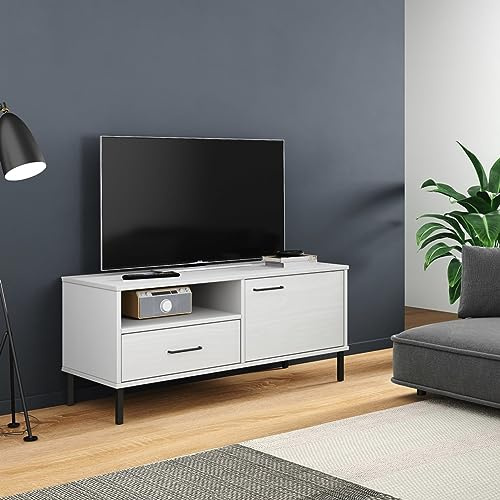 Iiaky TV-Schrank Oslo mit Metallbeinen Weiß Massivholz Kiefer Fernseher Tisch Tv Sideboard
