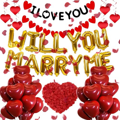 Will You Marry Me Heiratsantrag - 545 Stück Deko fur Paar | I Love You Banner Folienballon Herz Luftballon Seidenblumen echt wirkend für romantische Antrag und Valentinstag