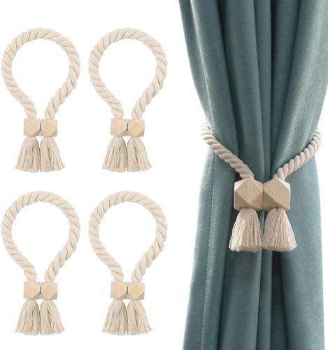 SHUOHONG 4 Pièces Embrasse pour Rideaux, Attache Rideau sans Percage, Pince pour Rideaux avec Aimant Boule en Bois, Main Tissé Supports de Rideaux pour Salon Chambre Coucher Manger Bureau