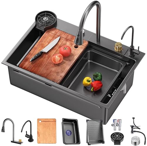 70x50cm Fregadero de cocina en cascada negro, Inoxidable Gran Fregadero Sobre Encimera, multifuncional 1 Seno Gran Fregadero, Con Grifo Multifuncional Y Varios Accesorios
