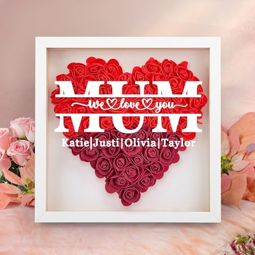 WMDIY Personalised Mothers Day Unique Gifts for Mum From Daughter Son Custom Heart Dried Flower Shadow Box Framed with Names, Mothers Day, Valentines, Birthday Gifts for Mum MAMA Wife Women Her