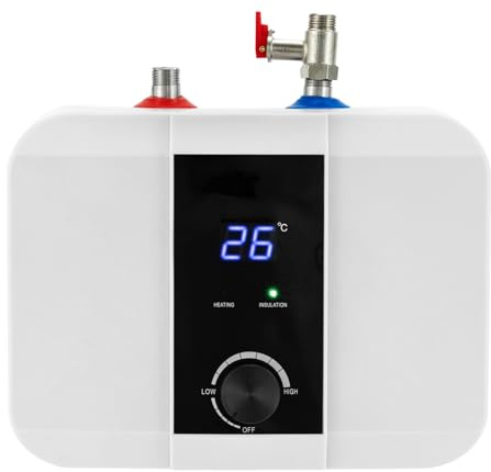 OUBUBY Scaldacqua istantanea da 1500 W, mini scaldabagno elettrico da 6 l, con indicatore LED e regolatore di temperatura, 0-65 °C, resistente alla pressione, da cucina (bianco, 33 x 23 x 24 cm)