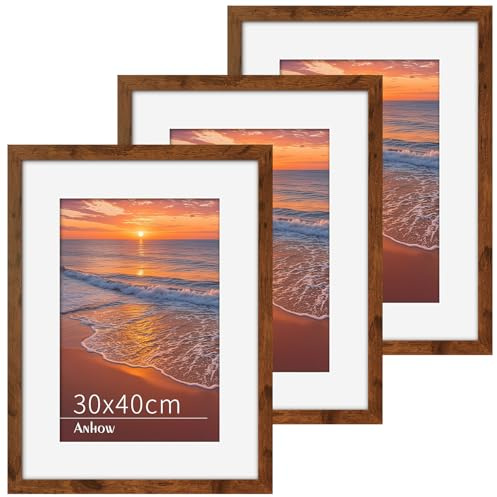 Anhow 3er Bilderrahmen 30x40 cm, MDF Bilderrahmen Set mit Passepartout für A4 21x30 cm Fotos, Posterrahmen Groß mit Transparente Acrylplatte für Wandbehänge - Walnussfarbe