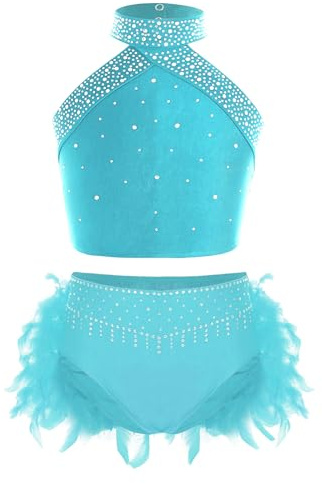 Freebily Vestito da Balletto Ballo Latino Americano Bambina Abito da Ballo Lirico Contemporaneo Crop Top + Gonna con Piume Vestito da Pattinaggio Artistico Body Ginnastica Blu Verde 11-12 Anni