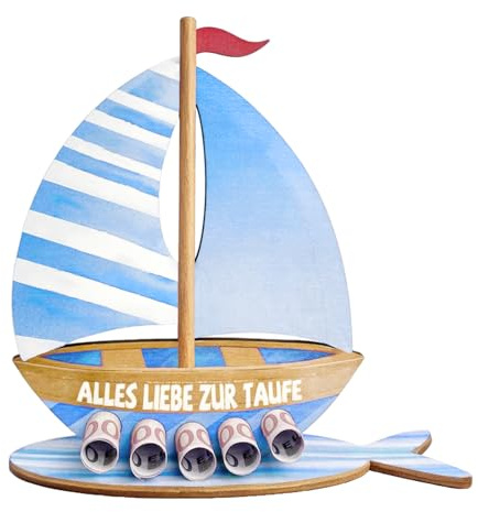 Taufgeschenke Jungen, Geldgeschenk zur Taufe - Holz Boot mit Basis, Originelle Taufe Geschenk Taufdeko für Jungen(Blau)