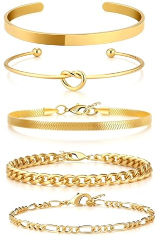 5 st guldpläterade armband för kvinnor, 18k guld, stapelbara rostfritt stål | 14K guldpläterat armband med tvinnat ormband för kvinnor, justerbart armband, alla hjärtans dag-present