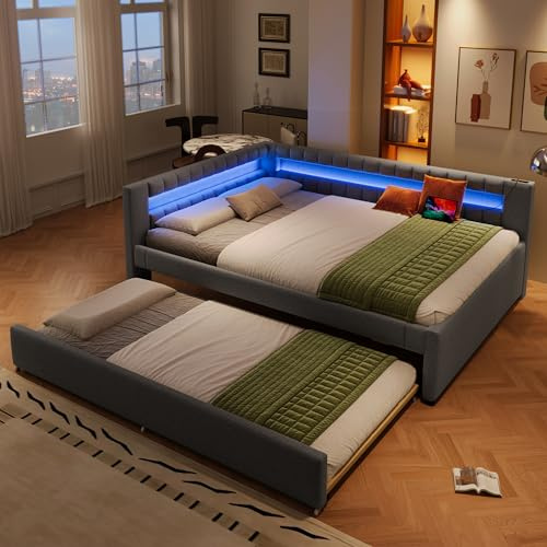 Zravenna Polsterbett Schlafsofa 140x200 cm, mit Ausziehbett, Holz Lattenrostund & L-förmiger Sofabett, Leinen, Ohne Matratze.(Grau B)