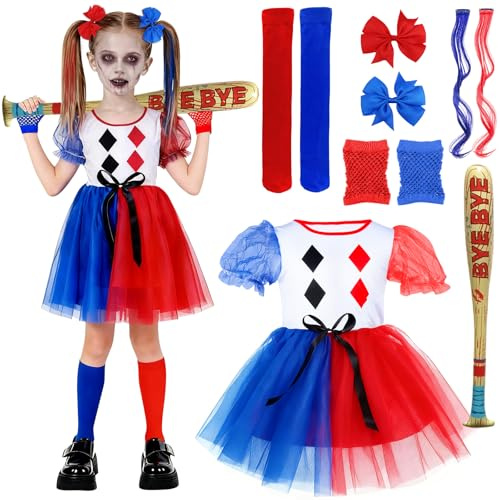 KISPATTI Quinn Kostüm Kinder, Quinn Kostüm Mädchen Halloween Faschingskostüm Joker Cosplay mit Kleid Aufblasbarer Baseballschläger Haarschleife Perücke für Halloween Karneval Cosplay Kinder