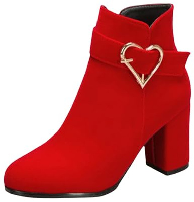 Momolaa Red Women's Side Zip Chunky Heels Ankle Boots,Faux Suede Round Toe Block High Heel Ankle Boots Vintage Elegant Short Boots Fall Winter Shoes with Heart-Shaped Buckle Decor Footwear Gift UK 5