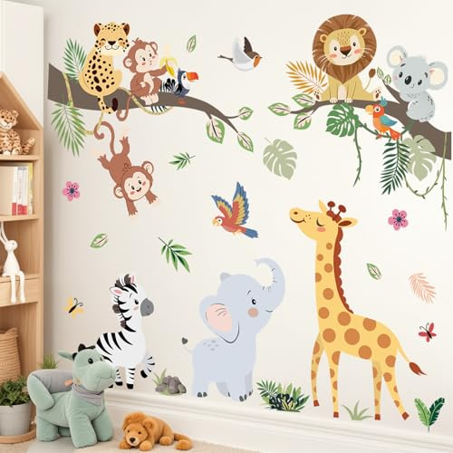 Peelora Jungle Animals Tree Branch Wall Stickers Safari Giraffe Elephant Zebra Wall Decals Kids Bedroom Baby Nursery Reusable Self-Adhesive Wall Decor Stickers