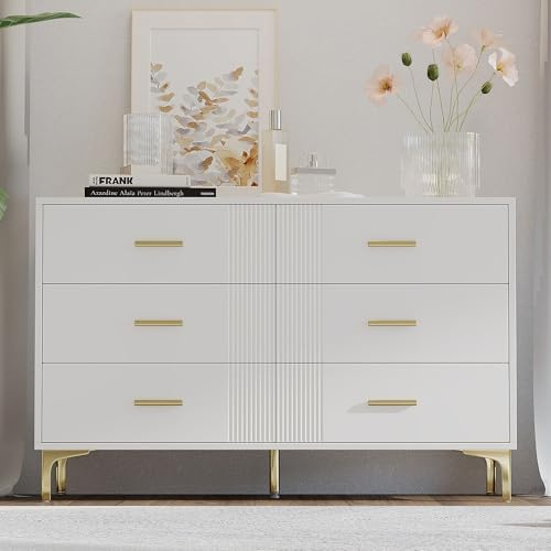 Generisk vit byrå med 6 lådor av MDF för vardagsrum och sovrum – stabil förvaringslösning med 120 cm bredd, tippskydd och fuktbeständig design