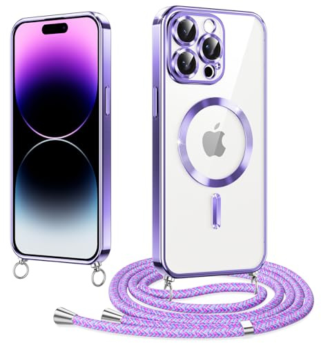 Micnkifo Elettrolitico TPU Magnetica Cover con Cordino per iPhone 14 Pro Max, Compatibile con Magsafe Ricarica Wireless, Antiurto AntiGraffio con Collana Regolabile per iPhone 14 Pro Max, Viola