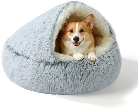 SUOXU Small 65cm Dog Bed - Upgraded Aluminum Rim Support & Removable Non Slip Bottom, Thermal Self-Warming Plush for Dogs under 10kg/22lbs - Dual Mode Cozy Blanket & Cave Design (Grey, 65CM)